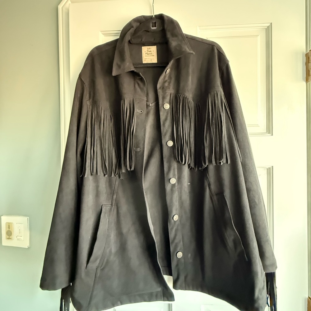 Only worn one free people black oversized suede fringe jacket